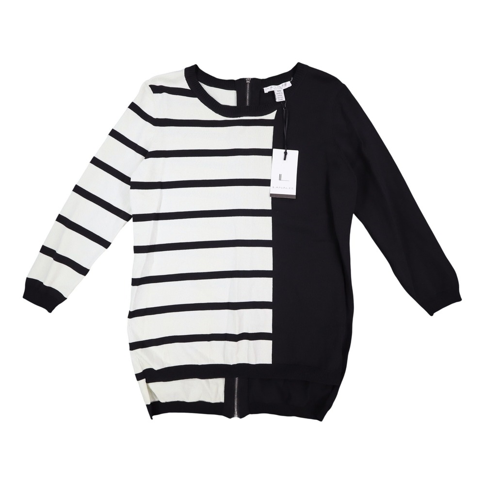 Lana Lee Sweater Womens M/L Black White Striped Colorblock Back Zip Knit Top
